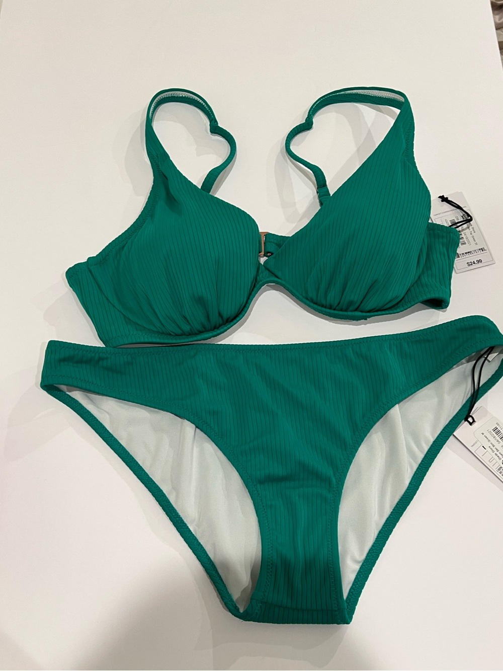 NEW Shade & Shore Teal Ribbed Underwire Bikini Set Size 36B/Medium Bottoms